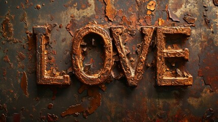 Copper Love concept creative horizontal art poster. Photorealistic textured word Love on artistic background. Horizontal Illustration. Ai Generated Romance and Passion Symbol.