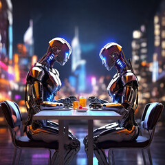 A couple of shiny robots enjoying a snack sitting at a table against a futuristic city, at night - obrazy, fototapety, plakaty