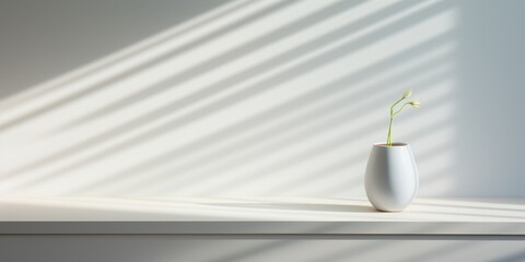 a room in an office with sunlight and shadows behind a wall, in the style of light white and white, minimalistic abstractions, bokeh panorama, playing with light and shadow