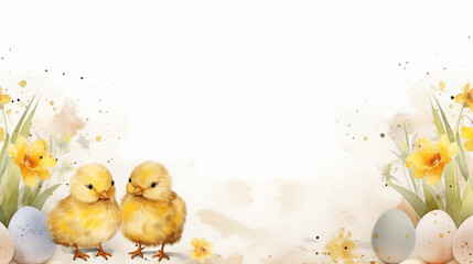 Postcard with adorable cute Easter chicks with daffodils and painted eggs, drawn in watercolor. - obrazy, fototapety, plakaty