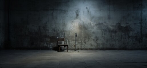 A chair in a dark room with a microphone Generative AI - obrazy, fototapety, plakaty