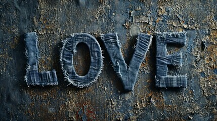Denim Love concept creative horizontal art poster. Photorealistic textured word Love on artistic background. Horizontal Illustration. Ai Generated Romance and Passion Symbol.