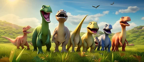 Zelfklevend Fotobehang A group of cartoon dinosaurs standing in a field Generative AI © Bipul Kumar