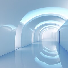 A long, narrow, white tunnel with blue lighting Generative AI