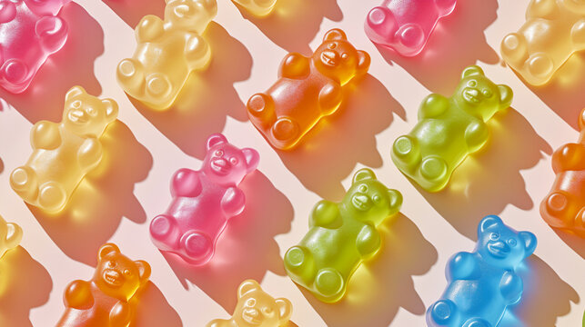 Jelly bears in a repeating pattern with hard shadows, pastel colors. Glossy pastel colored gummy bears pattern on a light pink colored background.