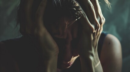 A despondent man, consumed by shadows, grips his head in anguish while a woman's sorrowful portrait looms in the darkened room