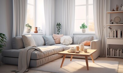 A cozy living room with a white couch and a wooden coffee table Generative AI