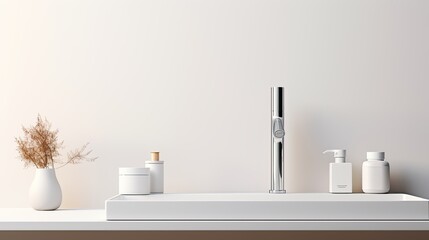 Bathroom elements are arranged with purpose and precision, emphasizing the utility of each item, as well as the functionality of the sink, dispenser, soap, faucet in a minimalist style.