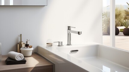 Fototapeta na wymiar Bathroom elements are arranged with purpose and precision, emphasizing the utility of each item, as well as the functionality of the sink, dispenser, soap, faucet in a minimalist style.
