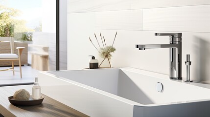 Bathroom elements are arranged with purpose and precision, emphasizing the utility of each item, as well as the functionality of the sink, dispenser, soap, faucet in a minimalist style.