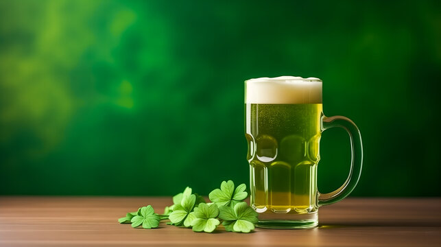 Une pinte de bi&egrave;re avec des tr&egrave;fles verts symbolisant la Saint-Patrick.