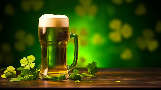 Une chope de bi&egrave;re entour&eacute;e de tr&egrave;fles verts sur un fond vert, &eacute;voquant la c&eacute;l&eacute;bration de la Saint-Patrick.