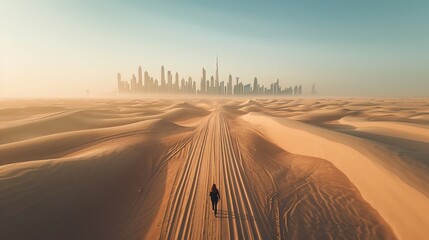 View from above, stunning aerial view of an unidentified person walking on a deserted road covered by sand dunes with the Dubai Skyline in the background. Dubai, United Arab Emirates. - obrazy, fototapety, plakaty