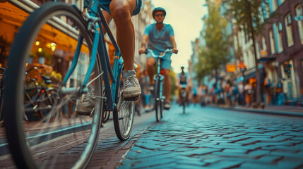 Naklejka premium An intimate, street-level look at urban cycling, focusing on a bicycle's wheel and rider's foot in motion. The background blur of other cyclists and the city street.