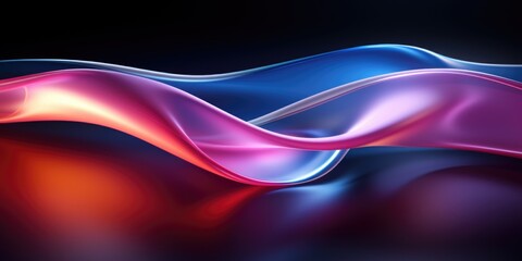the blue and purple waves across the black background, in the style of light red and light magenta, shiny/glossy, precisionist lines, dark azure and light amber