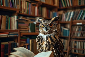 A wise owl perches atop a table, surrounded by the endless possibilities of knowledge within a bookcase in the tranquil setting of a library