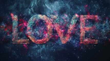Galaxy Love concept creative horizontal art poster. Photorealistic textured word Love on artistic background. Horizontal Illustration. Ai Generated Romance and Passion Symbol.