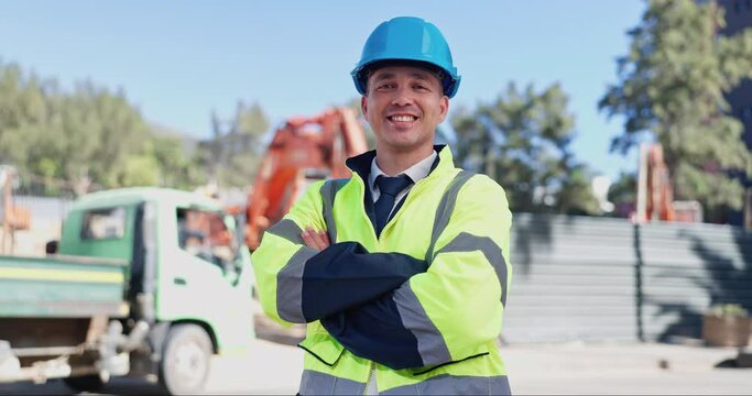 Man, face and arms crossed, construction and architect outdoor, building site and engineering with maintenance. Confidence, portrait and professional builder, architecture and contractor with smile