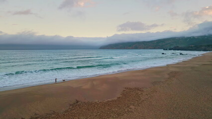 Fototapeta na wymiar Cloudy sky sea dusk picturesque foamy waves drone view. Coastline landscape