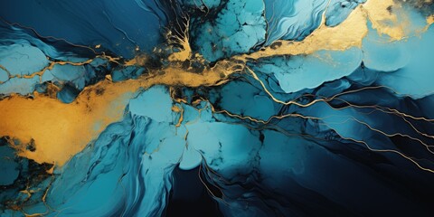 Naklejka premium an abstract blue and gold canvas on which a gold medallion is poured, in the style of fluid formations, technology-based art
