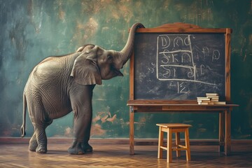 A majestic indian elephant stands next to a chalkboard, ready to paint its thoughts and emotions onto the indoor ground - obrazy, fototapety, plakaty