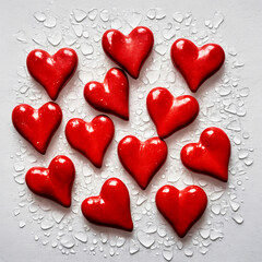 Obraz premium Red ceramic hearts lying on thick glass.