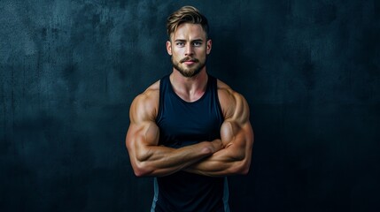 Fototapeta na wymiar A barechested man with a sleeveless shirt showcases his impressive muscular arms and defined chest, exuding strength and determination in his pursuit of physical fitness through bodybuilding