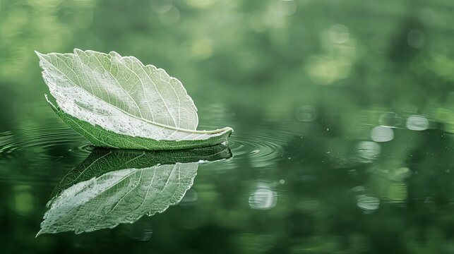 White transparent leaf on mirror surface with reflection on green background macro. Abstract artistic image of ship in waters of lake. Template Border natural dreamy artistic image for traveling 