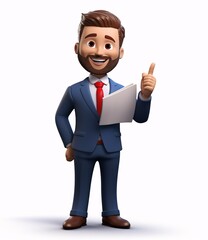 Fototapeta premium A smiling cartoon man in a suit holding a clipboard Generative AI