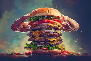 An iconic american meal comes to life in a bold and playful painting, as a giant burger with human-like hands atop its fluffy bun invites us to indulge in the flavorful world of fast food - obrazy, fototapety, plakaty