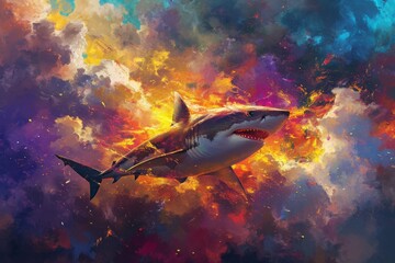 Fototapeta premium A magnificent shark soars through the vibrant reef, its fin painted with the colors of the sea, embodying the beauty and wonder of marine biology in the underwater world