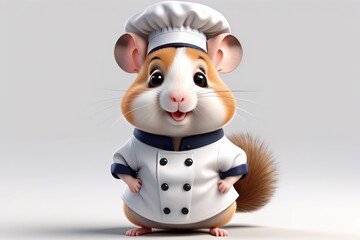 Cute cartoon 3D hamster character, wearing chef hat and apron at the light background.