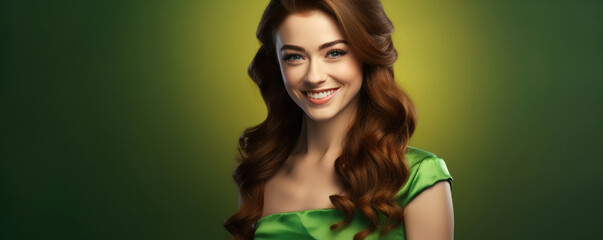Happy smiling woman in a traditional ireland dress, green background