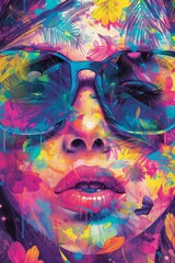 A vibrant portrait of a stylish woman, her face adorned with colorful sunglasses, brought to life through the bold strokes of modern art and the rich hues of acrylic paint