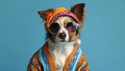 Hippie dog with sunglasses on solid blue background, commercial, advertisement, surrealism. Creative animal humanization concept. Generative AI