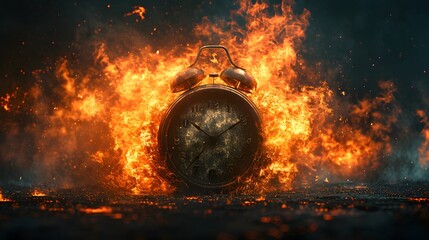 fire in the fireplace, a clock is on fire with a dark background and a black background with a red and yellow flame around it