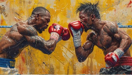 Two barechested men engage in a fierce competition event, their aggression palpable as they prepare for combat in the art of boxing - obrazy, fototapety, plakaty