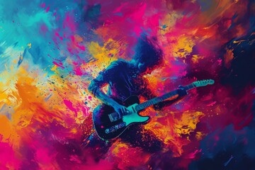 A vibrant explosion of abstract colors bursts from the strings of a guitar, captured in a modern painting using art paint and acrylics