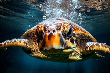 Fototapeta premium Green sea turtle swimming underwater in the deep blue sea. Underwater world.