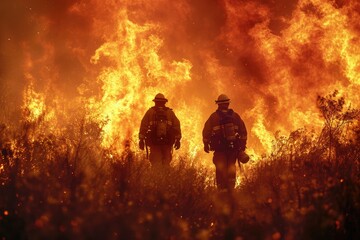 A brave firefighter strides through the intense heat and smoke, determined to battle the raging wildfire and contain the explosive flames - obrazy, fototapety, plakaty