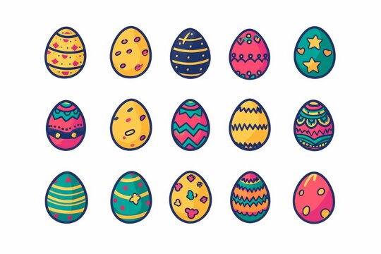 A vibrant display of artistic imagination and childlike wonder, as a collection of whimsical eggs are brought to life through colorful drawings and illustrations