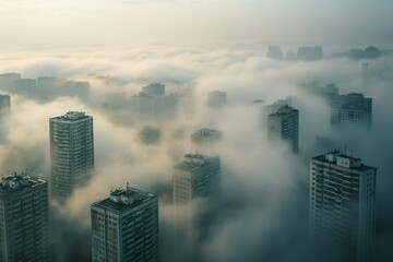 As the morning fog settles over the towering skyscrapers, the cityscape becomes a hazy metropolis surrounded by clouds, creating a surreal urban landscape