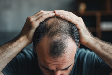 Mann mit Haarausfall ist besorgt - obrazy, fototapety, plakaty