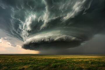 The swirling fury of a monstrous tornado threatens to tear apart the peaceful landscape, as dark storm clouds loom overhead and grasses sway in the powerful winds