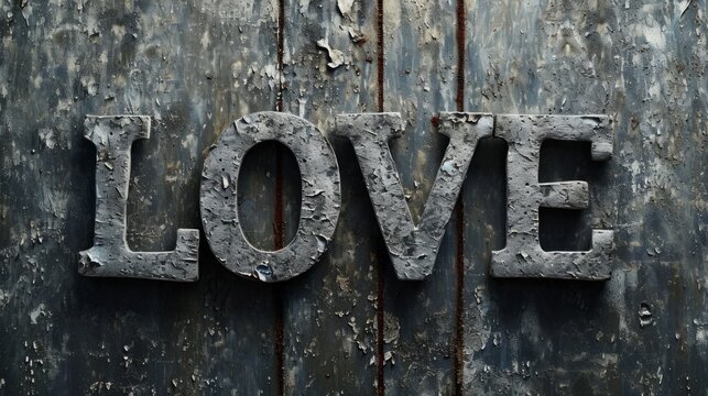 Grey Love concept creative horizontal art poster. Photorealistic textured word Love on artistic background. Horizontal Illustration. Ai Generated Romance and Passion Symbol.