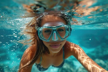 A determined woman dives into the pool, her goggles reflecting the vibrant aqua water as she gracefully swims, embodying the spirit of adventure and freedom