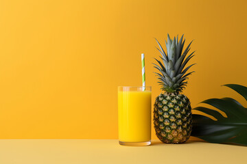 A glass of juice with a straw next to a pineapple on a yellow background.