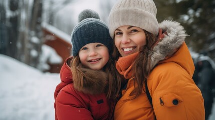 Fototapeta na wymiar A joyful mother and daughter embrace in winter clothes, enjoying the outdoors together. Generative AI.