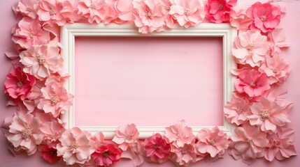 A beautiful pink floral frame on a soft pink backdrop. Generative AI.