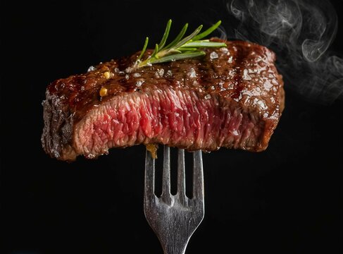 Beef steak on fork isolated on black background, closeup photography